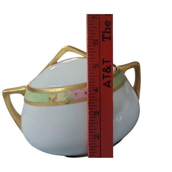 Q&EG Royal Austria Large Lidded Bowl Gold Trim Green Floral 4"T Double Handled - Picture 10 of 14